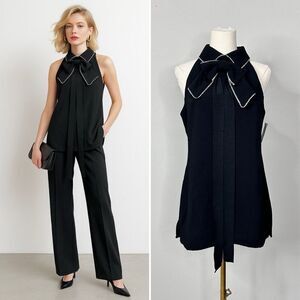 Trina Turk Festive Rhinestone Bow Halter Tunic Top S NWT Coquette Glam Old Money